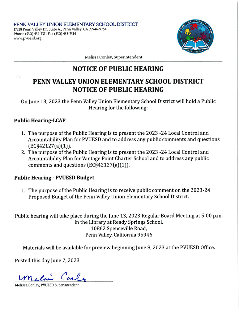 Notice of Public Hearing  at PVUESD June 13th, 5pm