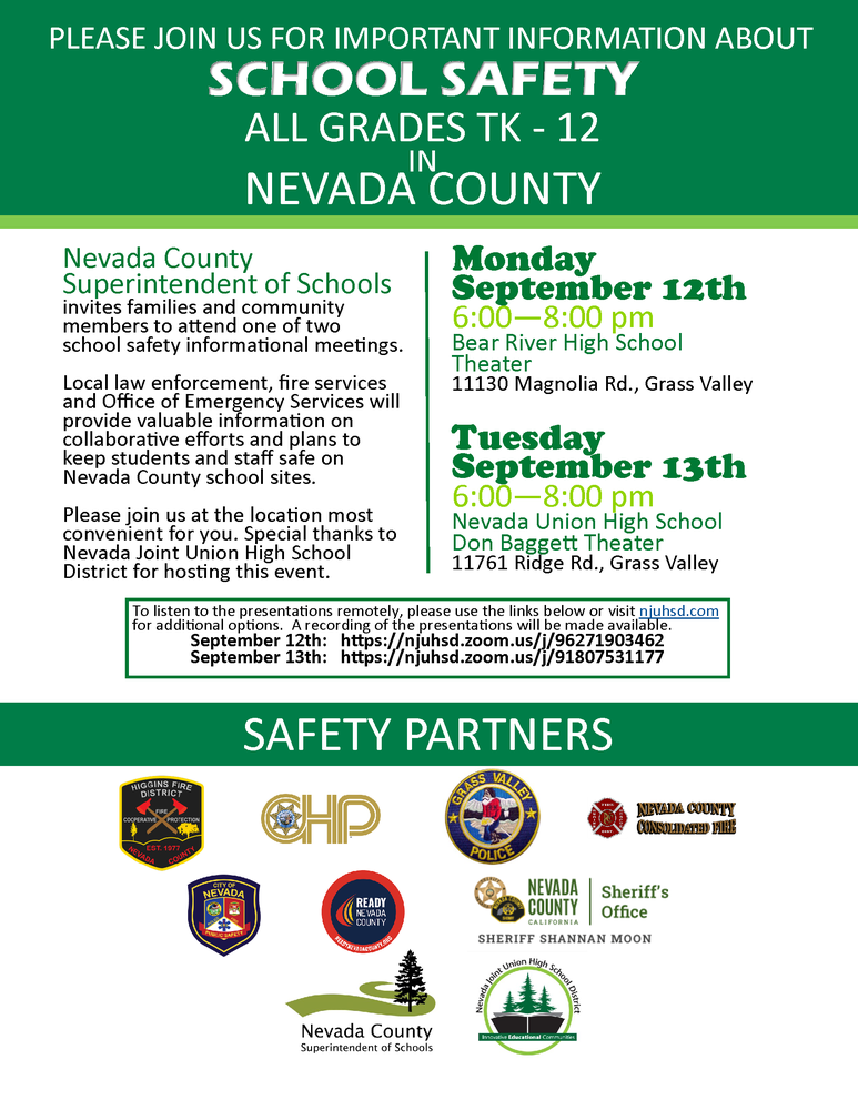 Flyer talking about safety summits being held at Bear River High School and Nevada Union High School