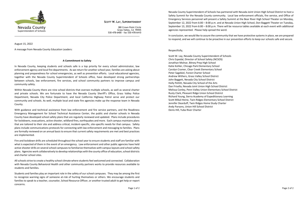 Health and Safety Letter from NCSOS